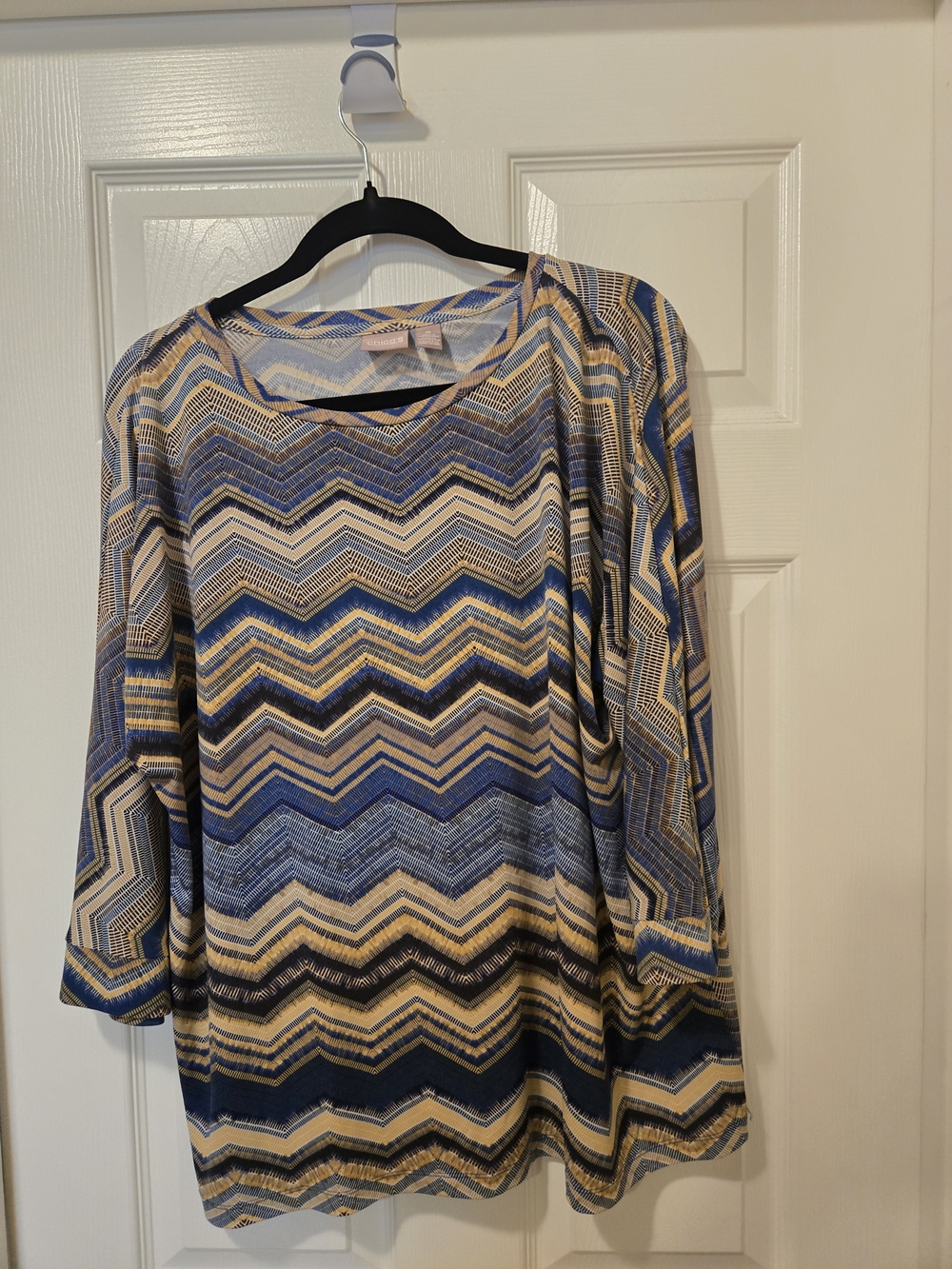 Chico's Chevron Stripe Long Sleeve Top in Blue and Tan
